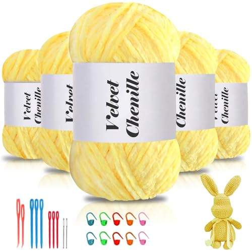 Maxee 500g(5×100g) Samtig Babywolle, Samt Chenille Garn mit Häkelwerkzeuge, Kuschelweich Velvet Chenillegarn Flauschige, Weich Plüschwolle Häkelgarn Wolle zum Stricken & Häkeln von Maxee