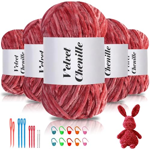 Maxee 500g(5×100g) Samtig Babywolle, Samt Chenille Garn mit Häkelwerkzeuge, Kuschelweich Velvet Chenillegarn Flauschige, Weich Plüschwolle Häkelgarn Wolle zum Stricken & Häkeln von Maxee