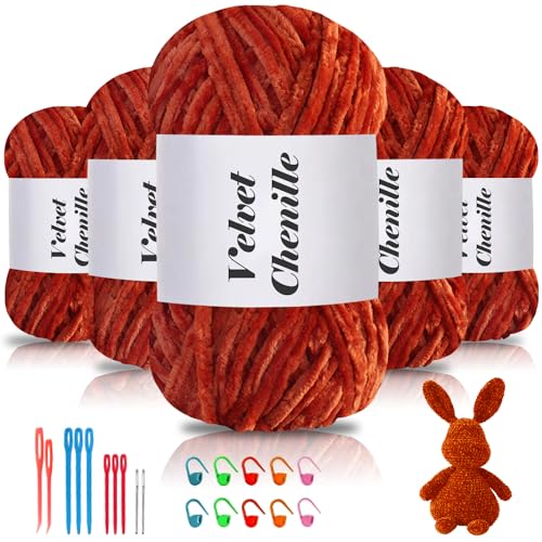 Maxee 500g(5×100g) Samtig Babywolle, Samt Chenille Garn mit Häkelwerkzeuge, Kuschelweich Velvet Chenillegarn Flauschige, Weich Plüschwolle Häkelgarn Wolle zum Stricken & Häkeln von Maxee