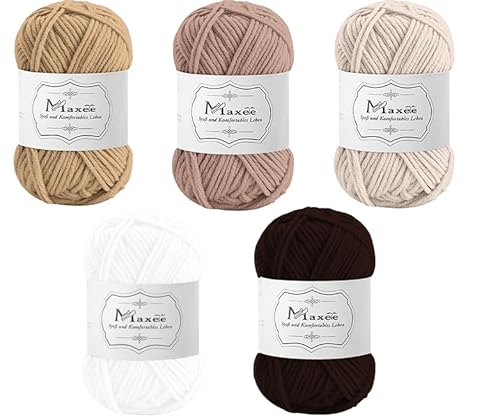 Maxee Häkelgarn 250g (50g*5 Farbe), Acryl Wolle Zum Stricken, Garn zum Häkeln und Stricken, Hand Knitting Yarn Set, Handstrickgarn Baumwollgarn für Häkeln, Wolle zum Stricken und Kunsthandwerk von Maxee