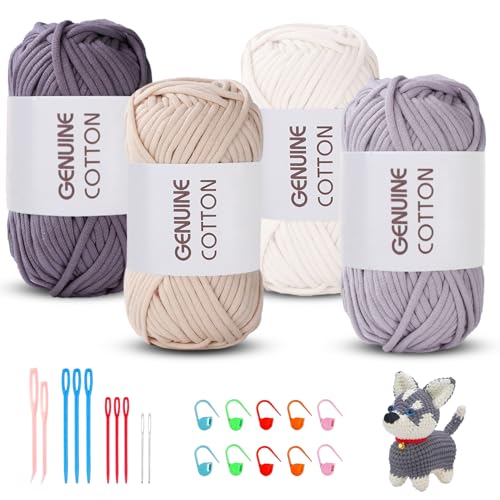 Maxee Häkelgarn für Anfänger, 200g (50gx4 Farbe) Kein Geteiltes Garn, Dickes Garn Baumwolle zum Häkeln, Häkeln Amigurumi Wolle, Klobiges Baumwollgarn Einfaches Strickgarn zum Häkeln Stricke von Maxee