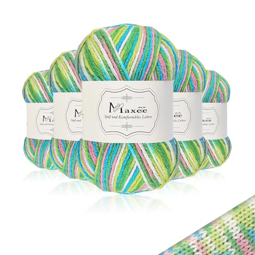 Maxee Handstrickgarn, 5x50 g Häkelgarn, Bunt Farbverlauf Acryl Garn zum Stricken, Weicher Wolle zum Häkeln, Mehrfarbiges Garn zum Stricken Häkeln und Basteln von Maxee