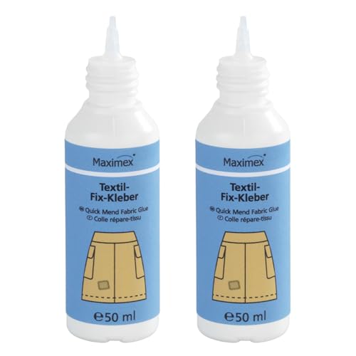 Textil-Fix Kleber, Textilkleber/Stoffkleber als ideales Flickmittel für alle Textilien, ohne Nadel und Faden Säumen, Flicken und Kunststopfen, wasch- und reinigungsbeständig, Inhalt: 2 x 50 ml von Maximex