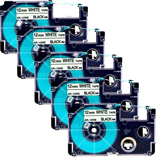 5x Schriftbandkassette für Casio XR-12WE schwarz auf weiß 12mm breit x 8m lang laminiert geeignet für CASIO KL-60, KL-120, KL-70E, KL-100E, KL-300, KL-750E, KL-780, KL-1500, KL-7000, KL-P1000, KL-820, KL-7400, KL-200E, KL-8100, KL-8200, KL-C500, CW-L300, KL-HD1, KL-G2, KL-130 kompatibel zu XR-12WE / XR-12WE1 von Maximustrade