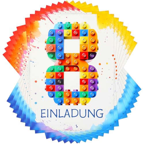 Bausteine Einladungskarten Kindergeburtstag Junge Mädchen，15 Stück Geburtstagseinladungen Jungen Bausteine,Kindergeburtstag Einladungskarten für Kinder Geburtstagsfeier Kinderparty (7 Jahre) (8) von Maxmoc