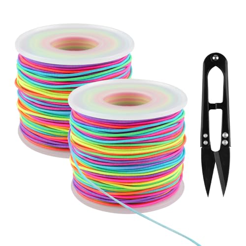 Gummiband für Armbänder, 2 Rollen Gummischnur 1 mm x 100 m, Gummikordel mit Schere, Perlenschnur Elastische Faden für DIY Handwerk Schmuckherstellung Armbänder Halsketten (Regenbogen) von Maxmoc