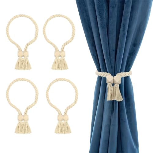 Magnetische Vorhang Raffhalter,4 Stück Gardinenhalter,Polyeder Vorhang Halter aus Holz,Handgewebt Gardinen Halterung,Baumwolle Raffhalter für Vorhänge Zuhause Büro(Beige) von Maxmoc