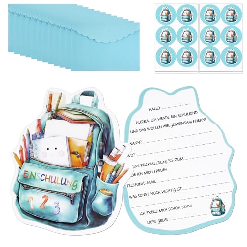 Maxmoc Einschulung Einladungskarten Mädchen Junge,12 Stück Einladungskarten Einschulung mit Briefumschläge, Aufkleber,Einladung für Schuleingangsfeiern Kinder, Aufnahmefeiern (Blau) von Maxmoc