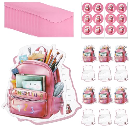 Maxmoc Einschulung Einladungskarten Mädchen Junge,12 Stück Einladungskarten Einschulung mit Briefumschläge, Aufkleber,Einladung für Schuleingangsfeiern Kinder, Aufnahmefeiern (Rosa) von Maxmoc