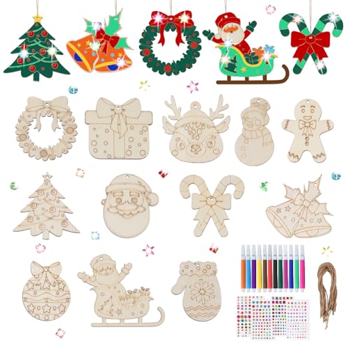 Maxmoc Holzanhänger Weihnachten, Christbaumschmuck Holz zum Bemalen, 24 Stück Weihnachtsanhänger Holz mit 12 Aquarellstifte, 4 Glitzersteine und Juteseil für DIY Basteln, Weihnachtsbaum Anhänger Maxmoc Holzanhänger Weihnachten, Christbaumschmuck Holz zum Bemalen, 24 Stück Weihnachtsanhänger Holz mit 12 Aquarellstifte, 4 Glitzersteine und Juteseil für DIY Basteln, Weihnachtsbaum Anhänger von Maxmoc