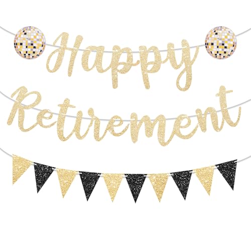 Happy Retirement Banner Gold Schwarz Glitzer Ruhestand Schild Wimpelkette Ruhestand Party Dekorationen Glitzer Papier Wimpel Banner Büro Abschied Party Supplies und Geschenke für Kollegen, Männer von Maxqzin