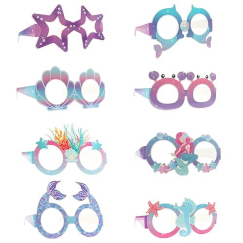 Maxqzin 8 Stück Meerjungfrauen-Geburtstagsdekorationen, Partybrille, Meerestier-Party-Papierbrillen, unter dem Meer, Party-Dekorationen für Kinder, Jungen, Mädchen von Maxqzin