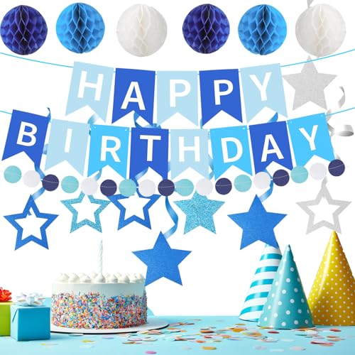 Maxqzin Blaue Happy Birthday Party Dekorationen für Männer, Marineblau Silber Geburtstag Banner für Männer, Wabenbälle Wirbel Girlande Party Supplies Maxqzin Blaue Happy Birthday Party Dekorationen für Männer, Marineblau Silber Geburtstag Banner für Männer, Wabenbälle Wirbel Girlande Party Supplies von Maxqzin