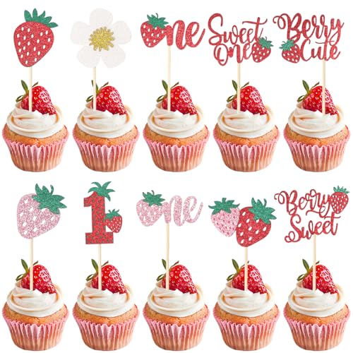 Maxqzin Erdbeer-Cupcake-Topper, Erdbeer-Kuchendekorationen, Erster Geburtstag, Dekoration für Sommer, Erdbeere, Babyparty, Partyzubehör, 30 Stück von Maxqzin