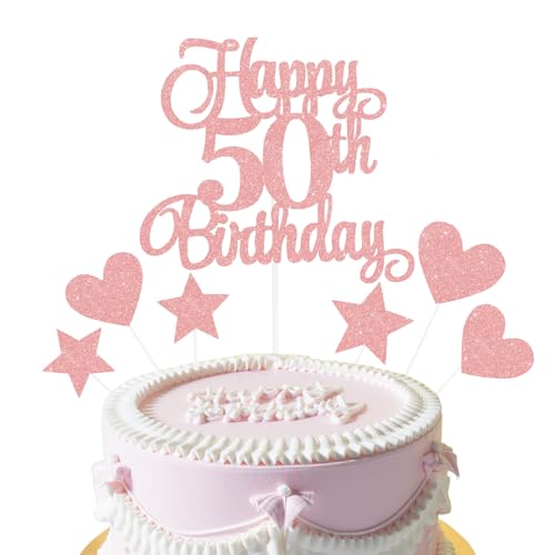 Maxqzin Kuchendekorationen zum 50. Geburtstag, Glitzer, Happy 50th Birthday, Tortenaufsätze, Happy Birthday Cake Toppers für 50. Jahrestag, Geburtstagsparty, Foto-Requisiten (Roségold) von Maxqzin
