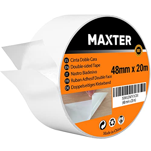Maxter Doppelseitiges Klebeband Extra Stark Transparent Dünn, Double Sided Tape Strong (48 mm x 20 m) von Maxter