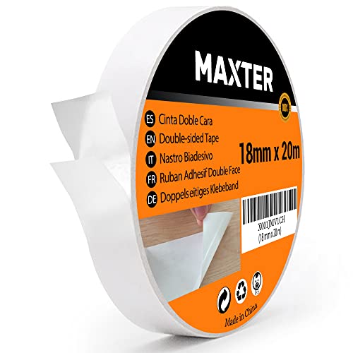 Maxter Doppelseitiges Klebeband Extra Stark Transparent Dünn, Double Sided Tape Strong (18 mm x 20 m) von Maxter