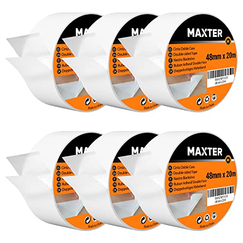 Maxter Doppelseitiges Klebeband Extra Stark Transparent Dünn, Double Sided Tape Strong 48 mm x 20 m (6 Rollen = 120 m) von Maxter