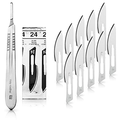 May Skalpell Set für Modellbau & 3D-Druck | Präzisionsmesser mit 10x scharfen Karbonstahl-Klingen (Fig. 24) & Edelstahl-Griff Nr. 4 | Bastelmesser für präzise Schnitte, Hobby & Handwerk von May