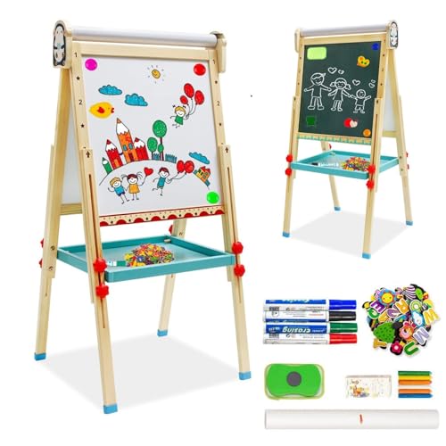Kinder Staffelei mit Papierrolle doppelseitiges Whiteboard und Kreidetafel verstellbare Standstaffelei mit Zahlen und anderem Zubehör für Kinder und Kleinkinder Kinder Staffelei mit Papierrolle doppelseitiges Whiteboard und Kreidetafel verstellbare Standstaffelei mit Zahlen und anderem Zubehör für Kinder und Kleinkinder von Maycoly
