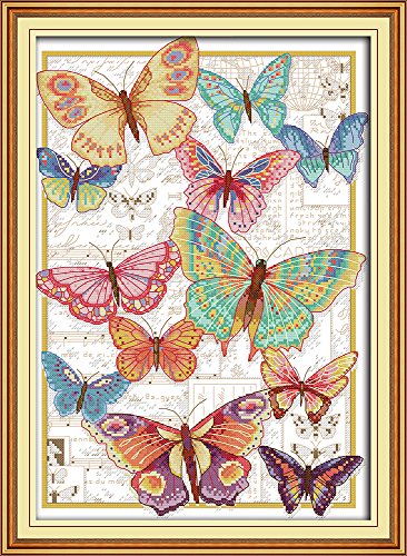 Maydear Kreuzstich-Set, gestempelt, komplettes Sortiment an Stickerei-Starter-Sets für Anfänger, 30,5 x 30,5 cm, Schmetterlinge (11 Karat) von Maydear