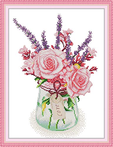 Maydear Kreuzstich-Set mit Prägung, komplettes Sortiment an Kreuzstich-Starter-Sets für Anfänger, 14 CT, 2 Stränge – Vase Flower 30 x 37 cm von Maydear