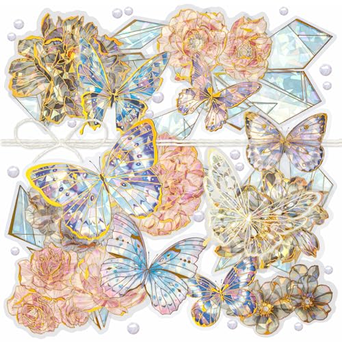 3 Packungen Scrapbook-Laser-Schmetterlingsaufkleber, goldene holografische Aufkleber, glänzender, schillernder Blumenaufkleber für die Kartengestaltung, Tagesplaner, Tagebücher (Fantasy) von Mayplous