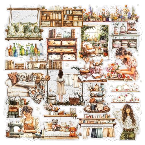 3er-Pack Vintage-Scrapbook-Aufkleber für das Wohnen – Alltagsthema mit Möbeln, Kleiderschrank, Küche, Blumen und Grünpflanzen, PET-Aufkleber für Tagebücher, Planer, Bastelarbeiten, Collagen (Stella) 3er-Pack Vintage-Scrapbook-Aufkleber für das Wohnen – Alltagsthema mit Möbeln, Kleiderschrank, Küche, Blumen und Grünpflanzen, PET-Aufkleber für Tagebücher, Planer, Bastelarbeiten, Collagen (Stella) von Mayplous