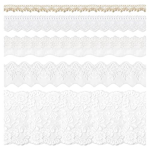 5 Packungen Stickerei-Spitzenborte, Premium-Weiß, Spitzenband zum Nähen, Baumwollspitze, dekorative Häkelborte, 2 Yards x 5 Designs zum Heimwerken, Nähen, Basteln, Verpacken, Hochzeit (Captain) von Mayplous