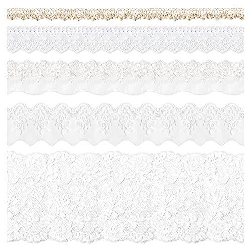 5 Packungen Stickerei-Spitzenborte, Premium-Weiß, Spitzenband zum Nähen, Baumwollspitze, dekorative Häkelborte, 2 Yards x 5 Designs zum Heimwerken, Nähen, Basteln, Verpacken, Hochzeit (Captain) von Mayplous