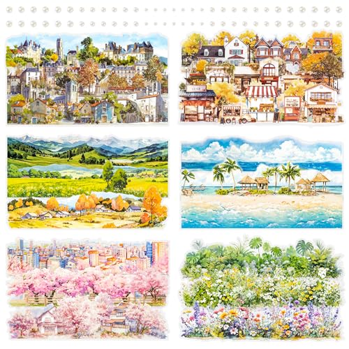 6er-Pack Aquarell-Scrapbook-Aufkleber – transparente PET-Streifen mit Natur-, Stadt-, Kirschblüten- und Ozean-Motiven, 55 × 180 mm, dekorative Aufkleber für Tagebücher, Planer, Bastelarbeiten (Rhea) von Mayplous