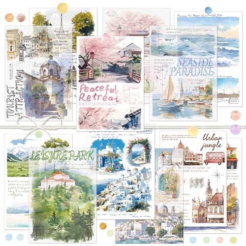 Decoupage-Papier für Scrapbooking mit Naturlandschaftsdrucken im Aquarellstil, Reisethema-Collage, dekoratives Papier, Wandornament für Tagebuchkarten, Kunst und Handwerk (Scenery) von Mayplous