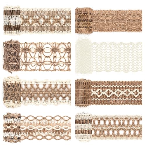 8 Packungen Jute Ribbon Natural Sackleinen Ribbon Roll mit Lace Craft Bändern und Borten Dekorative Schnur für DIY Arts and Crafts Wrapping Hochzeit Weihnachtsfeier (Lacy) von Mayplous