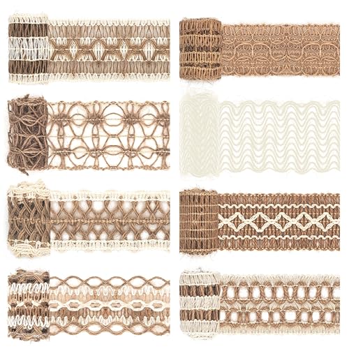 8 Packungen Jute Ribbon Natural Sackleinen Ribbon Roll mit Lace Craft Bändern und Borten Dekorative Schnur für DIY Arts and Crafts Wrapping Hochzeit Weihnachtsfeier (Lacy) von Mayplous