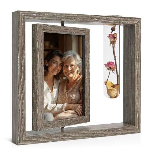 Mazjoaru Bilderrahmen 10x15cm Holz Drehbare Fotorahmen mit Vase,Rustikal & Vintage Einzigartig Tischrahmen mit Double HD Glas Objektrahmen Wand Dekor Geschenk für Mama Oma Weihnachtsgeschenke von Mazjoaru