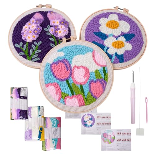 Mbiyhgta Punch-Nadel-Stickset, Nadelset aus Garn, 3-teiliges Stickerei-Set mit Blumenmuster | Teppichtaft, Bastelbedarf, Mbiyhgta Punch-Nadel-Stickset, Nadelset aus Garn, 3-teiliges Stickerei-Set mit Blumenmuster | Teppichtaft, Bastelbedarf, von Mbiyhgta