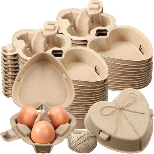 Eierkartons, 3 Stück, herzförmiger Papier-Zellstoff-Eierbehälter mit Juteseil, wiederverwendbare Körbe, Halter für Hinterhof, Aufbewahrung, Valentinstag, Hühnerliebhaber, Geschenke (30 Stück/60 Stück von Mbox