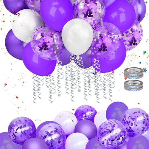 Mbsomnus 60 Stück Luftballons Geburtstag Lila Ballons Hochzeit 30cm Luftballons Metallic Lila Konfetti mit Luftschlangen Violett Weiße Helium Latex Ballons für Graduierung Kinder Party Geburtstagdeko von Mbsomnus