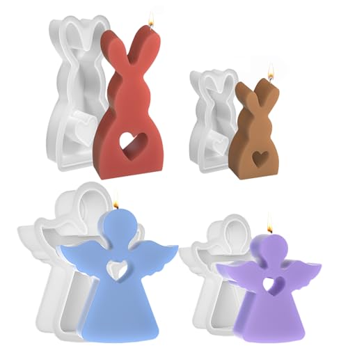 4 Stück 3D Osterhase Engel Silikonform Kerzenhalter, Kaninchen Silikonformen Gießformen,3D Hasen Engel Kerzenformen, DIY Silikonform Kerzen für Seife, Sojawachs Kerzen, Handwerk (2 Kaninchen+2 Engel) von McBecdy