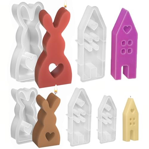 5 Stück 3D Osterhase Haus Silikonform Kerzenhalter, Kaninchen Silikonformen Gießformen 3D Hasen Haus Kerzenformen, DIY Silikonform Kerzen für Ostern, Ostergeschenke (2 Kaninchen+3 Haus) von McBecdy