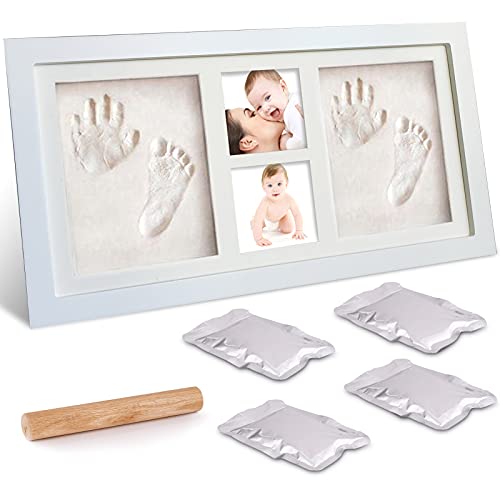 Baby Handabdruck und Fußabdruck,McNory Baby Holz Bilderrahmen 4 in1 mit Gipsabdruck für Baby Hand und Fuß,Abdruckset Bilderrahmen Baby Geschenk,Besonderes Geschenk zur Geburt für Neugeborene von McNory