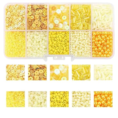 1 Box gelbe Schmuck-Perlen-Set, 3/4/5 mm Kunststoff-Pailletten, 2/3/4/2 x 7/2 x 5 mm Glasperlen, Mini-Abstandshalter zum Basteln, Ohrring/Halsketten von Mcoser