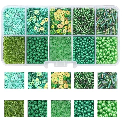 1 Box grüne Schmuck-Perlen-Set, 3/4/5 mm Kunststoff-Pailletten, 2/3/4/2 x 7/2 x 5 mm Glasperlen, Mini-Abstandshalter zum Basteln, Ohrring/Halsketten von Mcoser