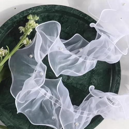 2 m weißes gerüschtes Spitzenband mit Perlen, 11 cm, plissiertes Organza-Spitzenband für Blumensträuße/Geschenkverpackungen 2 m weißes gerüschtes Spitzenband mit Perlen, 11 cm, plissiertes Organza-Spitzenband für Blumensträuße/Geschenkverpackungen von Mcoser