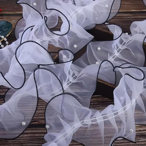 2 m weißes gerüschtes Spitzenband mit Perlen, 11 cm, schwarzer Rand, plissiertes Organza-Spitzenband für Blumensträuße/Geschenkverpackungen von Mcoser
