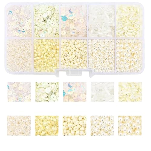 Schmuck-Perlen-Set, 3/4/5 mm, Kunststoff-Pailletten, 2/3/4/2 x 7/2 x 5 mm Glasperlen, Mini-Abstandshalter zum Basteln, Ohrring/Halsketten, Beige, 1 Box von Mcoser