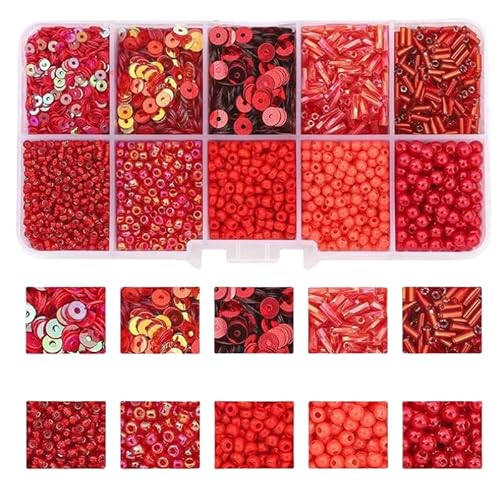 Schmuck-Perlen-Set, 3/4/5 mm, Kunststoff-Pailletten, 2/3/4/2 x 7/2 x 5 mm Glasperlen, Mini-Abstandshalter zum Basteln, Ohrring/Halsketten-Perlen, Rot, 1 Box von Mcoser
