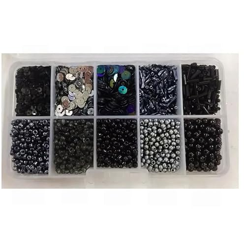 Schmuck-Perlen-Set, 3/4/5 mm, Kunststoff-Pailletten, 2/3/4/2 x 7/2 x 5 mm Glasperlen, Mini-Abstandshalter zum Basteln, Ohrring/Halsketten-Perlen, Schwarz, 1 Box von Mcoser