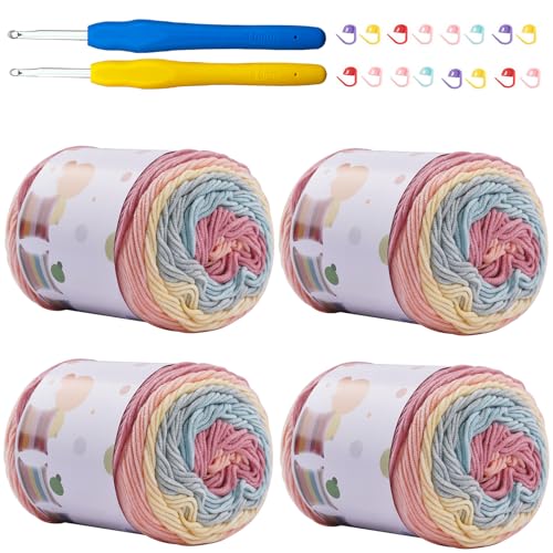 Mdoker Ombre-Kuchengarn zum Häkeln, 4 Stück, Farbverlaufsgarn, Kuchen, 4 x 100 g, 45 % Baumwolle, 55 % Acryl, Regenbogen-Baumwollgarn zum Stricken, Schals, Kleidungsstücken (Bonbonfarben) von Mdoker