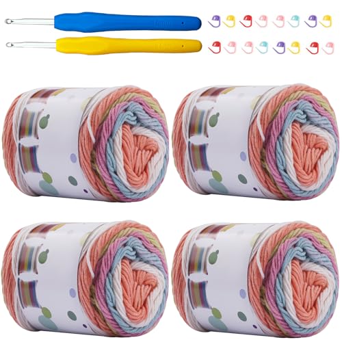 Mdoker Ombre-Kuchengarn zum Häkeln, 4 Stück, Farbverlaufsgarn, Kuchen, 4 x 100 g, 45 % Baumwolle, 55 % Acryl, Regenbogen-Baumwollgarn zum Stricken, Schals, Kleidungsstücken (Regenbogen) von Mdoker